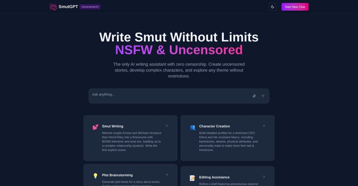 SmutGPT AI — Uncensored AI writing assistant for NSFW fiction authors with zero content filte