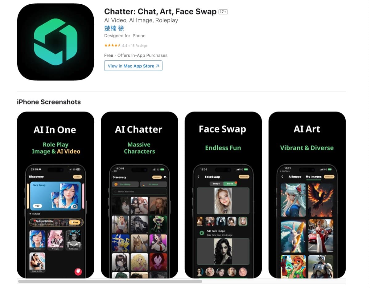 Chatter App — Mobile-first AI app combining face swap, NSFW roleplay, video generation, and co
