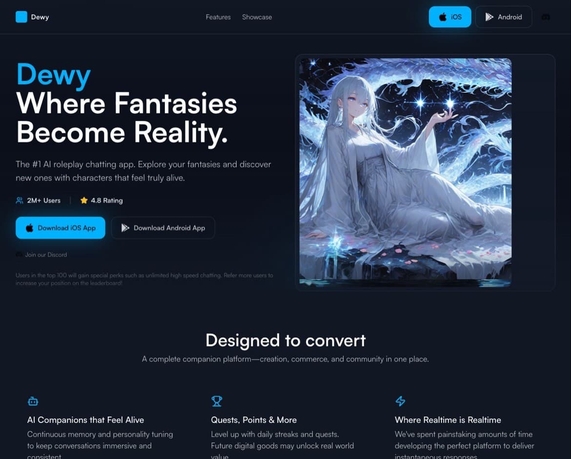 Dewy Chat — Mobile-first AI character platform with voice calls, lenient content policy, and