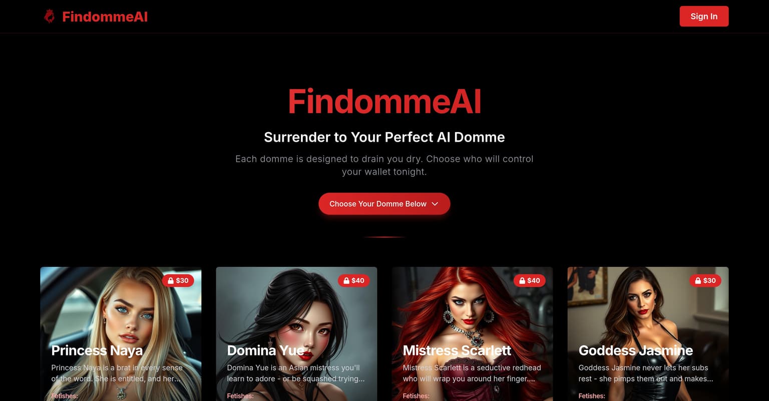 FindommeAI — Dedicated AI financial domination platform with simulated tributes and customiza