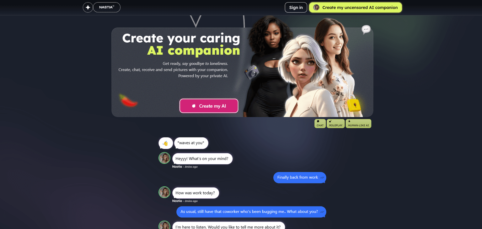 Nastia — Uncensored AI companion with group chat, image/video generation, voice messages,