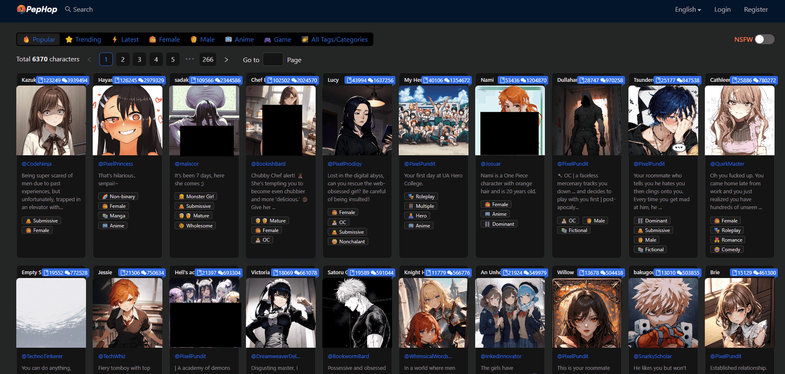 PepHop — AI character chat platform for roleplay with customizable personas, NSFW content