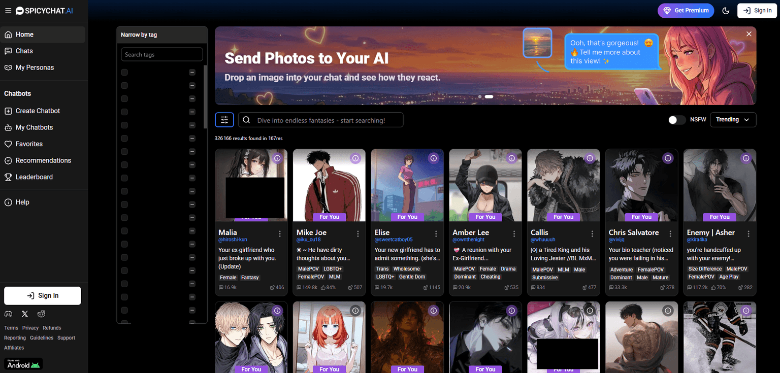 SpicyChat AI — AI chatbot platform with 46M+ monthly visitors for unrestricted roleplay and cha