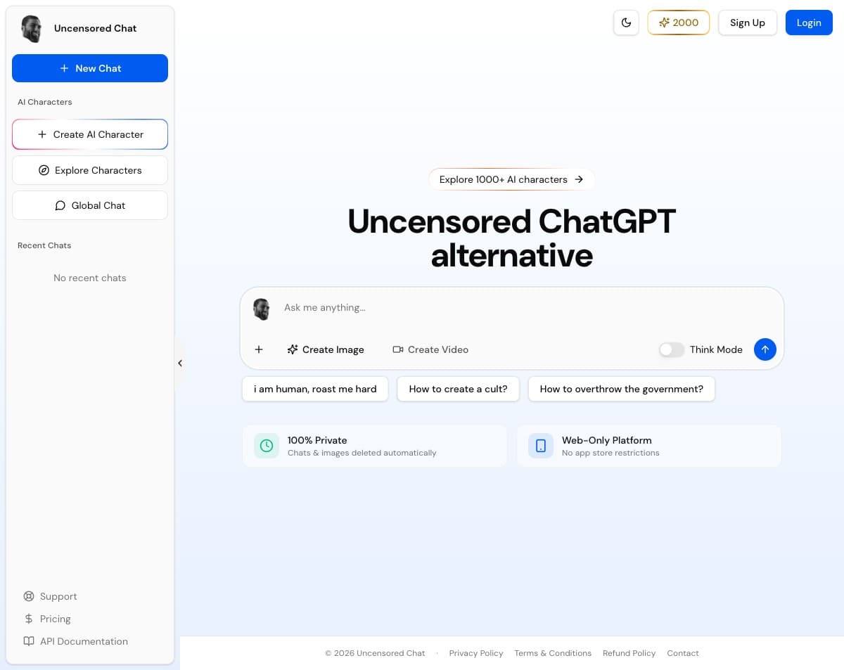 Uncensored Chat — Web-only AI roleplay with 1,000+ characters, hentai image generation, and 24-hou