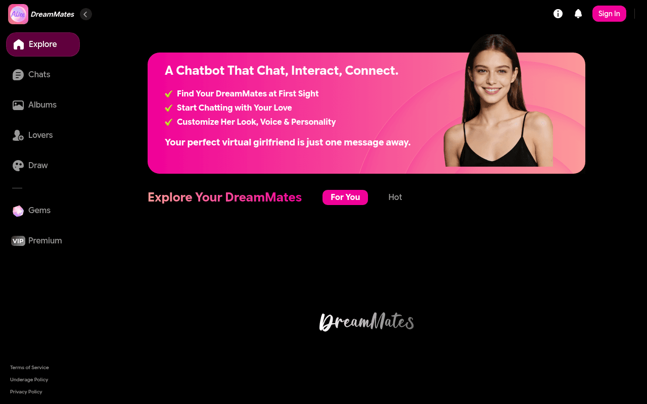 DreamMates — An AI chatbot platform for creating and chatting with customizable virtual girlf
