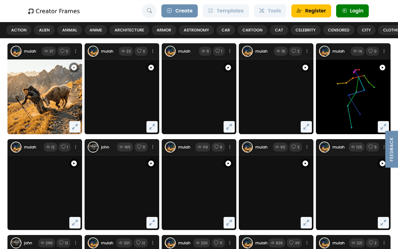 CreatorFrames — AI platform for generating and editing images and videos with a template gallery