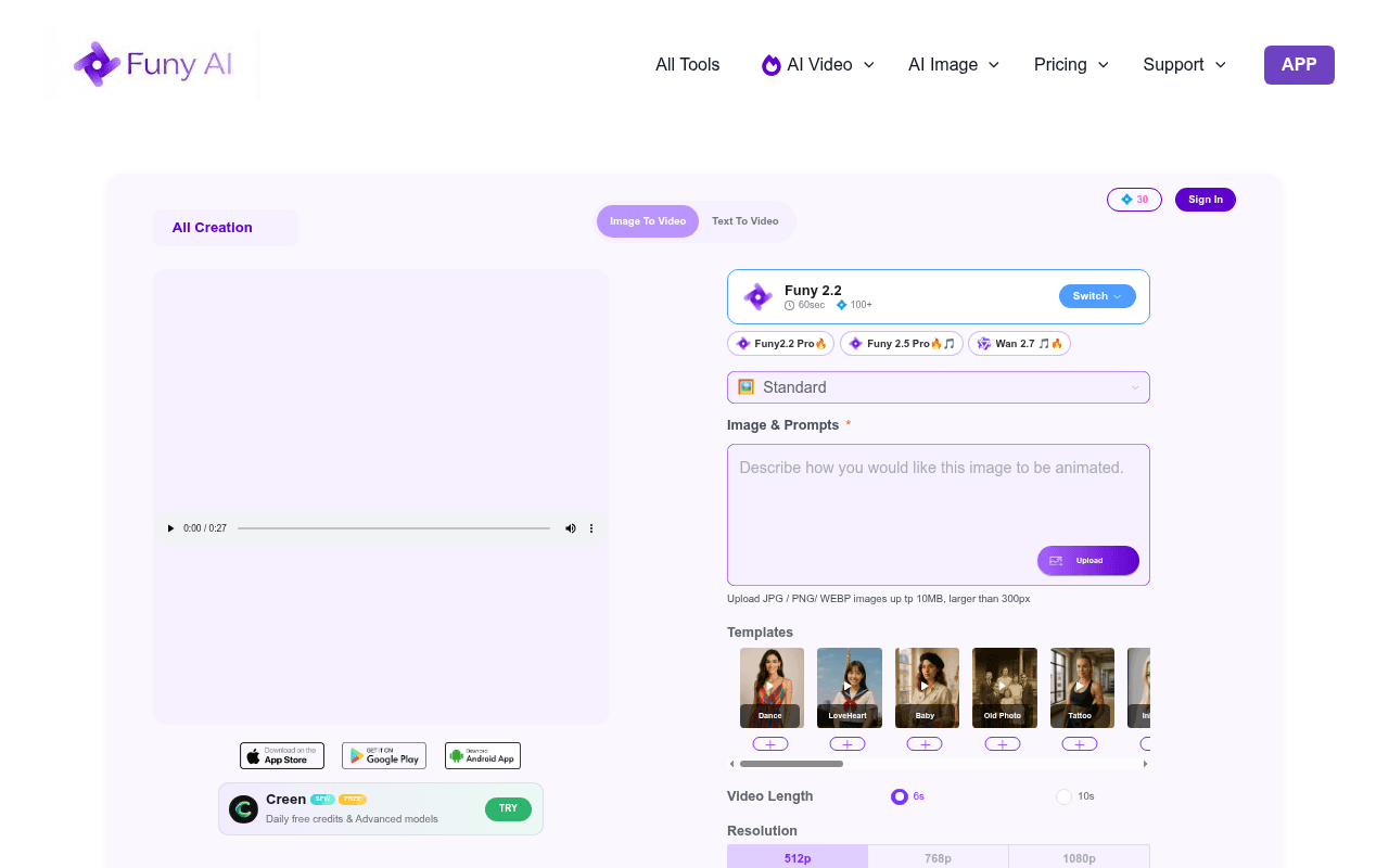 Funy AI: Video, Image — Funy AI offers image to video and text to video generation tools with various te