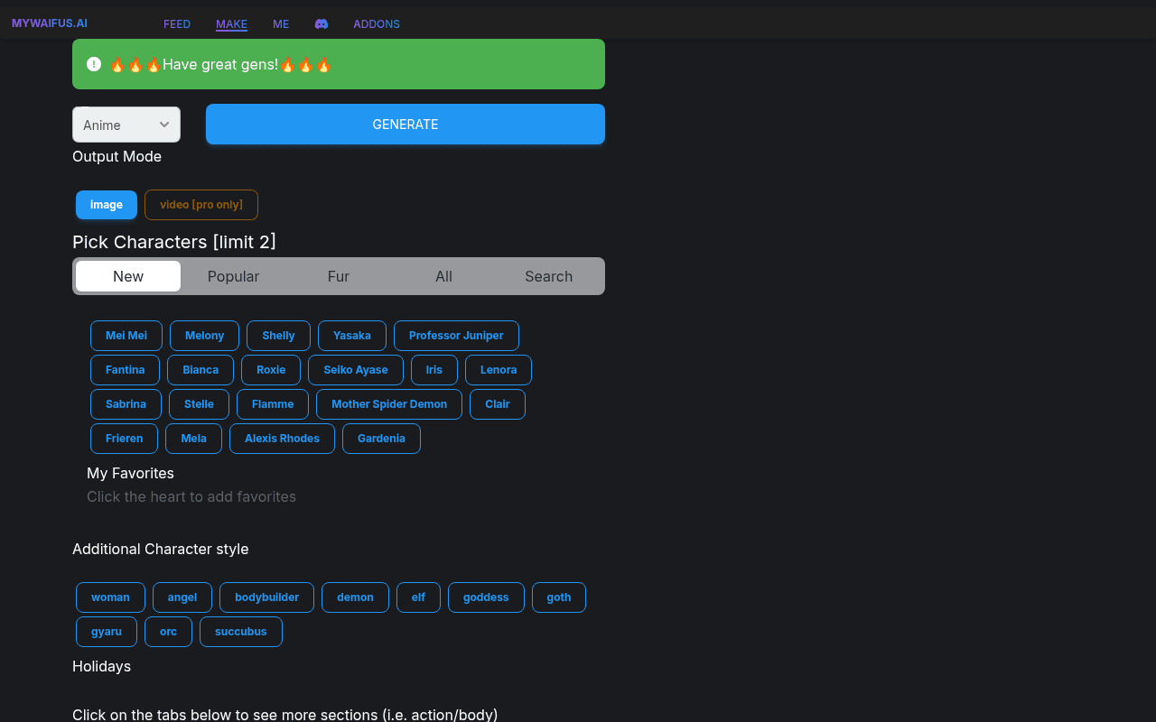 MyWaifus — AI-powered anime character generator with customizable body, pose, outfit, and s