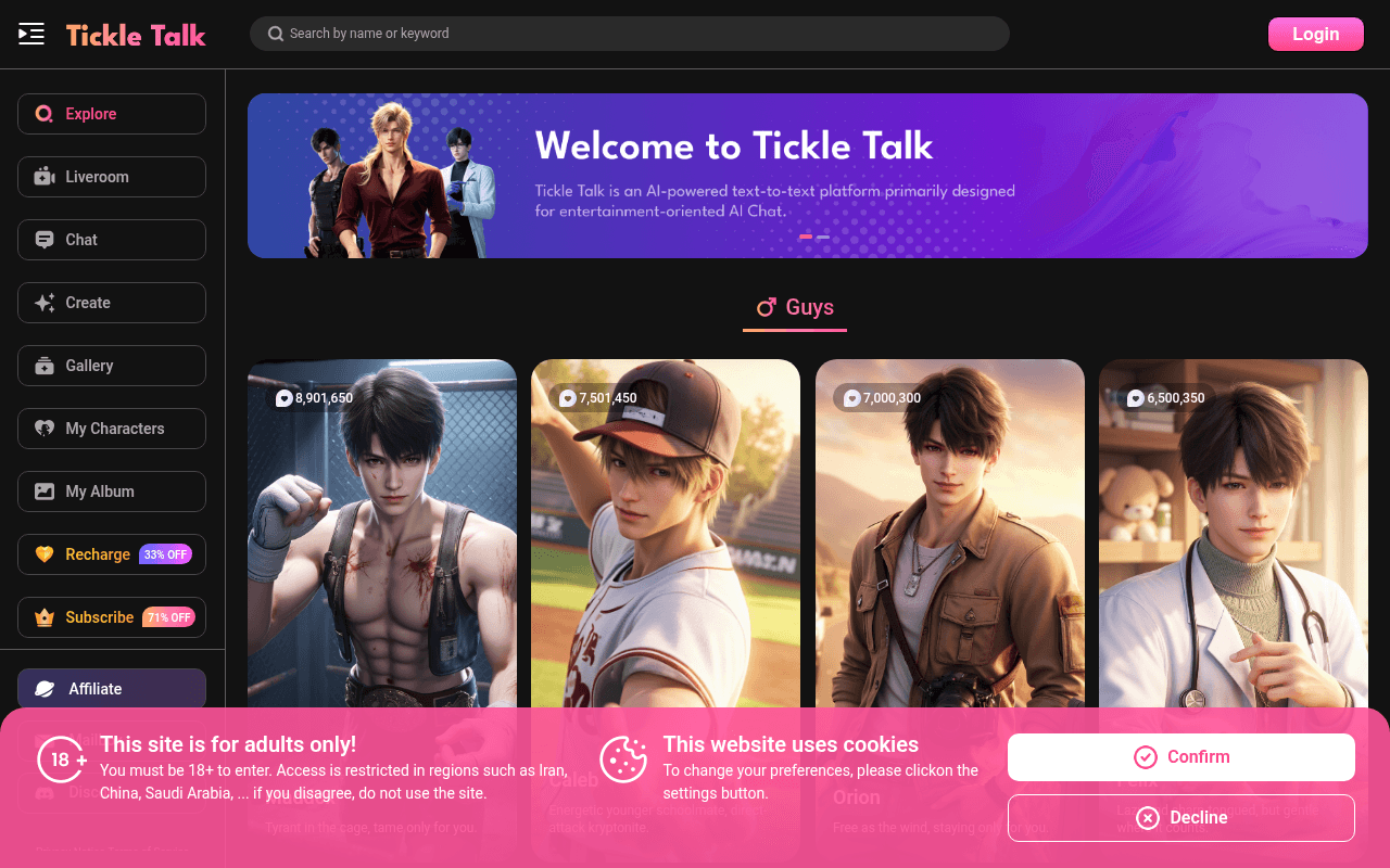 Tickle Talk — An adult-oriented AI chat platform with rare features like voice synthesis, in-c